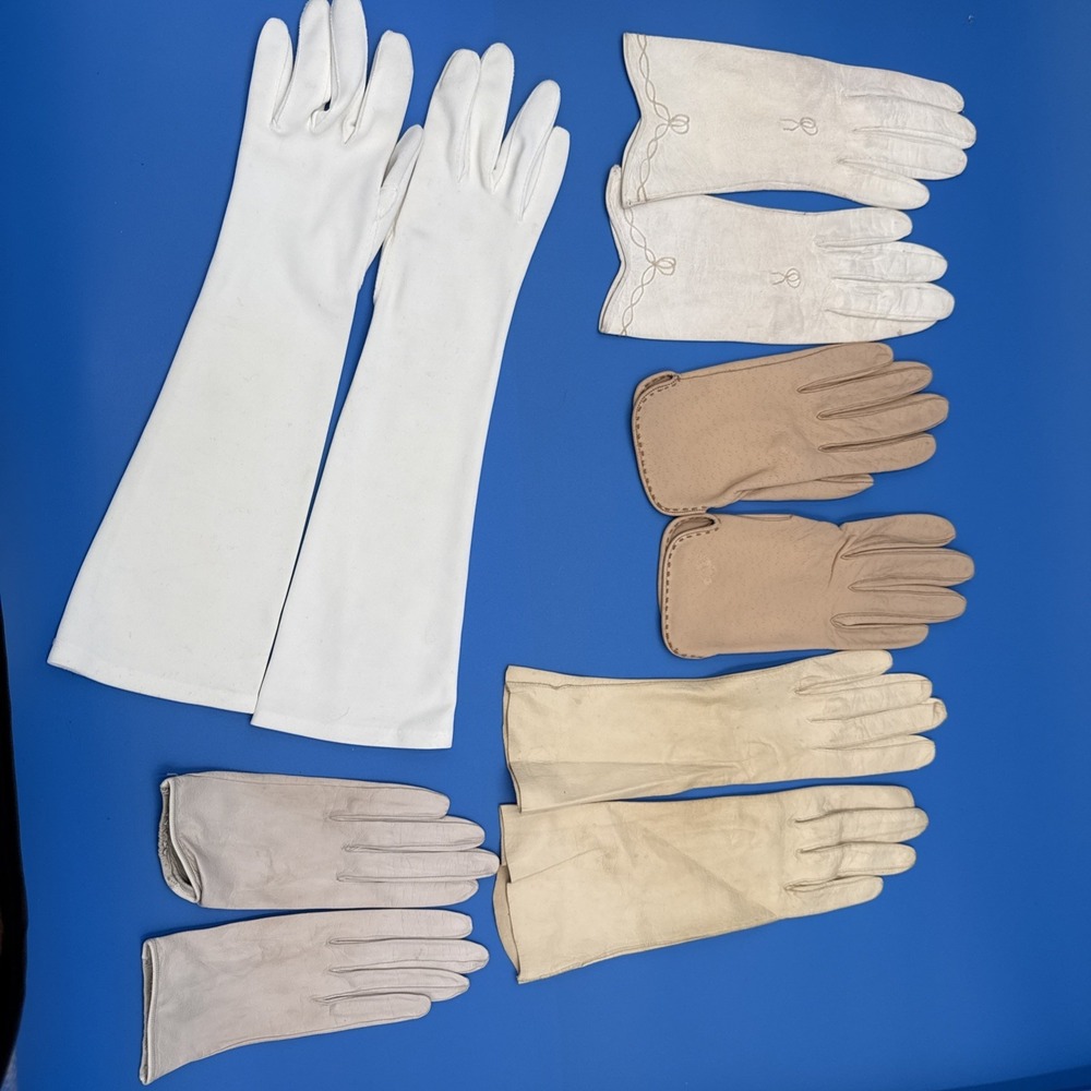 Lot Of 5 Pairs Of Vintage Leather & Other Gloves Opera Wrist Long Short Ivory